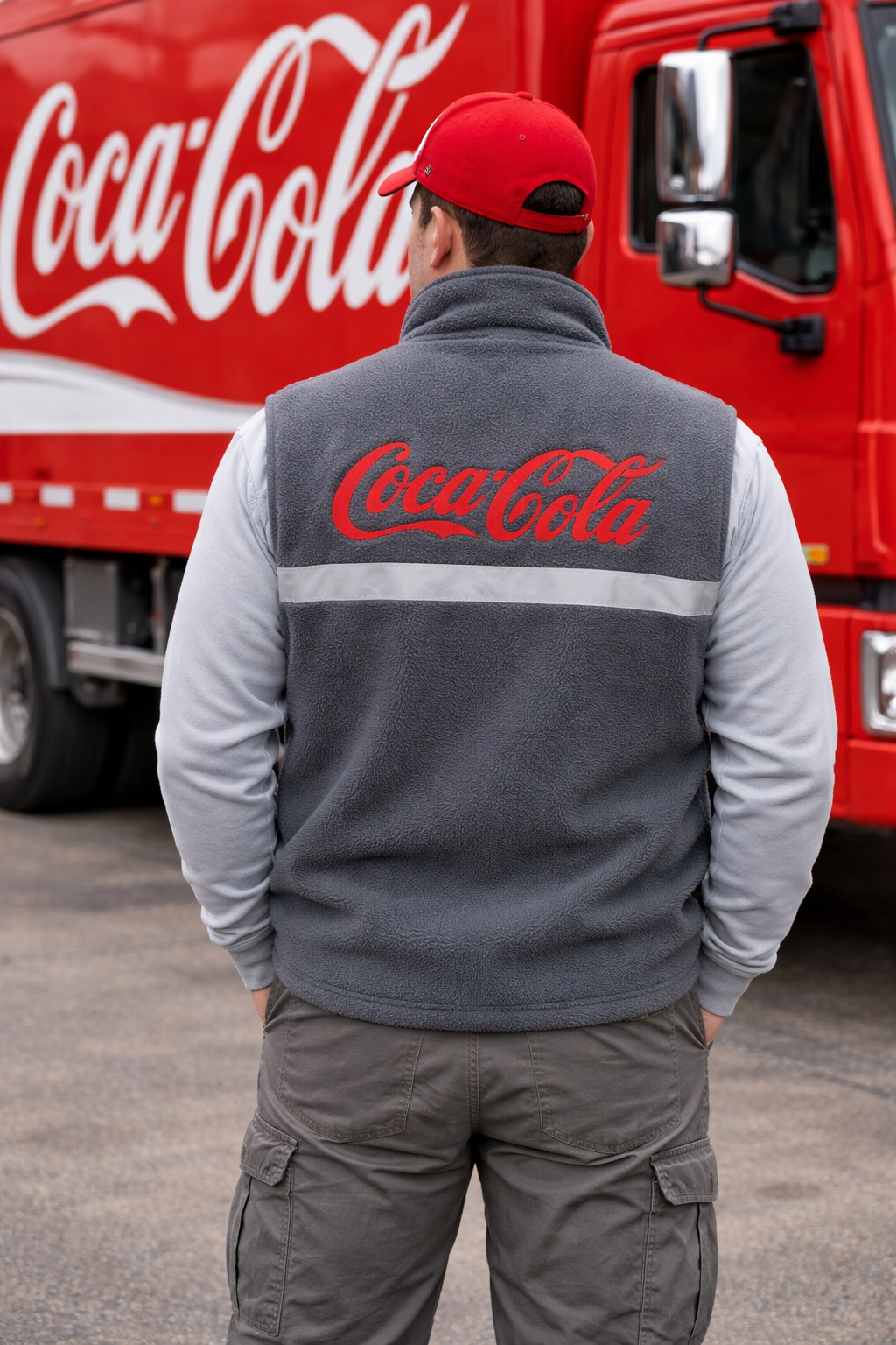 Chaleco gris bordado para Coca-Cola frente a un camión rojo de la marca