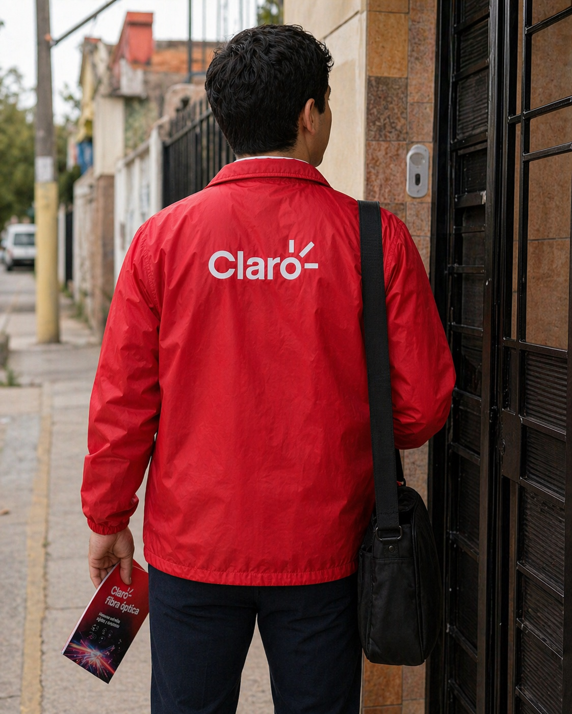 Promotor con campera roja de Claro realizando una visita domiciliaria