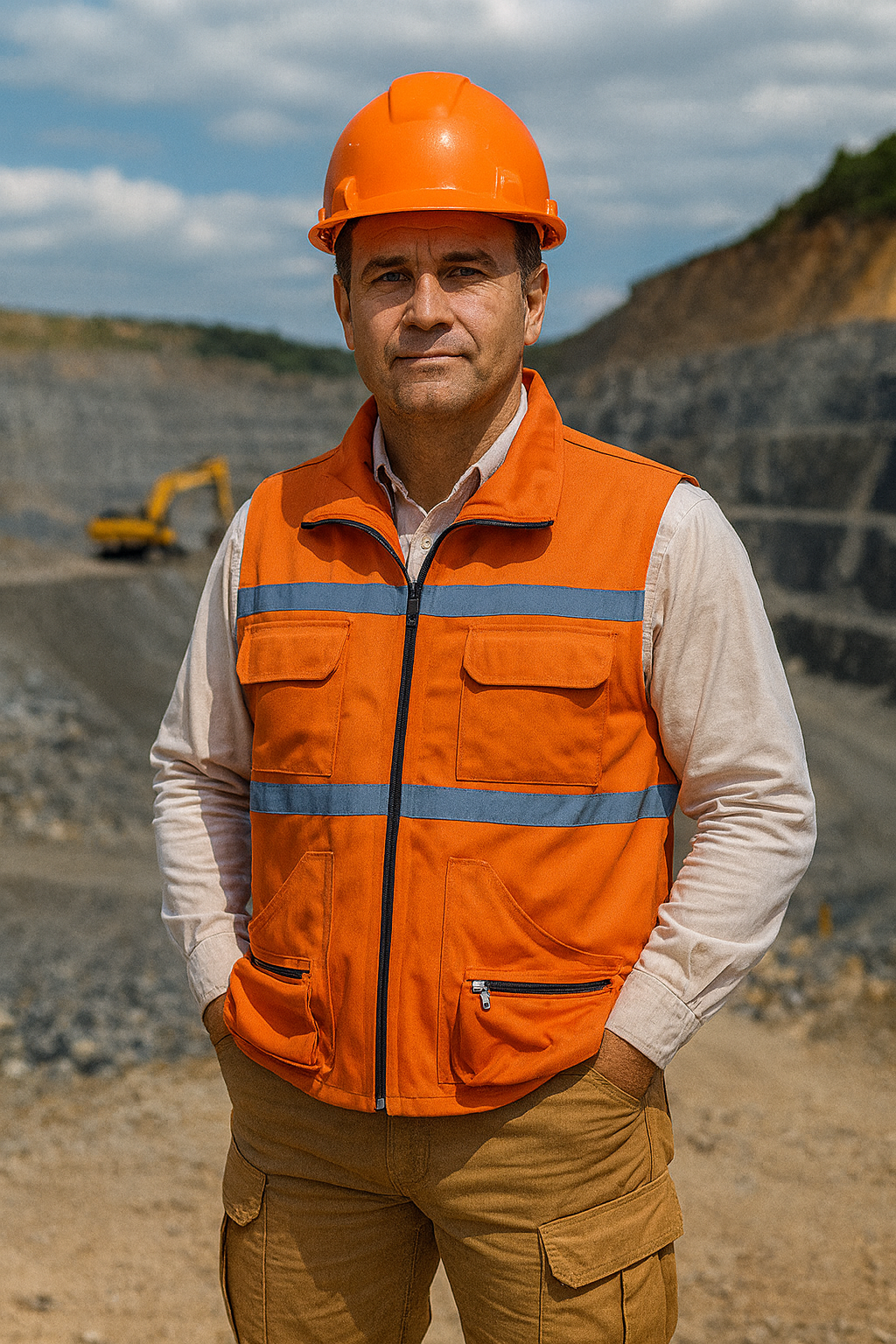 Trabajador minero con chaleco naranja de alta visibilidad y casco de seguridad